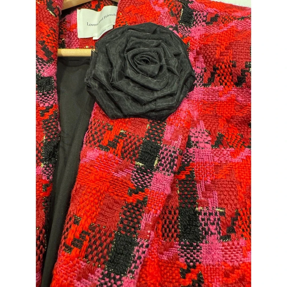 Lovers and Friends Plaid Tweed Blazer Metallic Rosette Large Red Pink Excellent